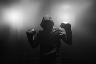 Fighter without a face is standing with his hands up. The concept of boxing