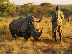 Ranger walking close behind a rhinoceros in the savannah at dusk