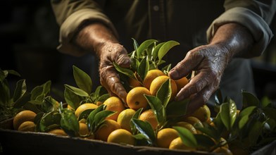 Hands tending to oranges and leaves in a rustic wooden box