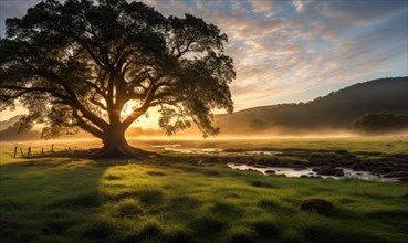 A serene sunrise with light rays piercing through the mist behind a solitary tree in a rural landscape AI generated