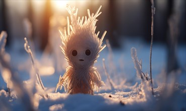 A small animated character standing in snow as the warm sunrise light hits AI generated