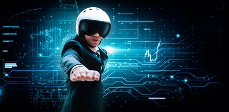 Portrait of a man in a suit and helmet. He shows that he is flying against the background of a hologram of market trading. Business concept. Stock market. Brokers and traders.