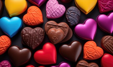 Assorted colorful heart-shaped chocolates presented neatly on a dark surface AI generated