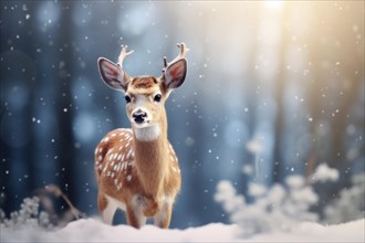 Roe deer in forest during snowfall