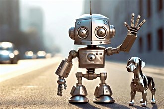 Small robot with dog standing at the roadside and waving