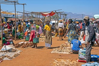 Malagasy vendors selling fruit and vegetables at food market in the city Ambalavao
