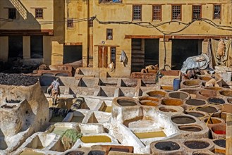 Sidi Moussa Tannery with round stone vessels filled with dye and softening liquids in medina Fes el-Bali of the city Fes