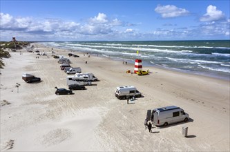 Aerial view of mobile homes on the Blokhus car beach