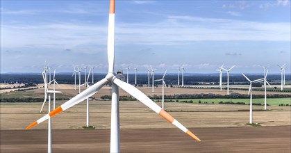 Aerial view of windmills in a wind farm
