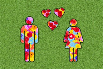 Pictogram of man and woman and hearts