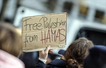A participant in the demonstration Solidarity March with Israel shows a poster with the inscription Free Palestine from Hamas