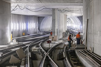 Construction site in the tunnel at the new through station in Stuttgart. A total of 56 kilometres of tunnels have been dug for Deutsche Bahn AG's Stuttgart 21 project and tunnelling has been completed...