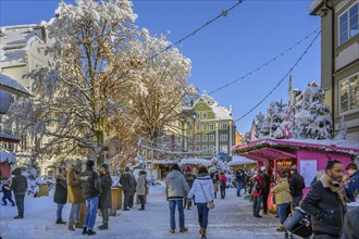 Christmas market with strollers and trees with fresh snow
