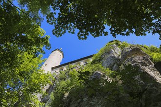 Lookout tower at the end of the 19th century at Teck Castle with the Schwaebischer Albverein hiking centre