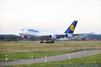 Airbus A 380-800 taking off at Stuttgart Airport