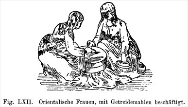 Two oriental woman grinding grain
