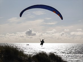 Paragliders flying over a beach at the North Sea