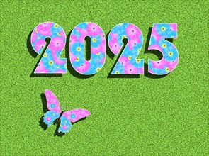The year 2025 written with pink and light blue flowers