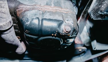 Car engine oil pan close-up