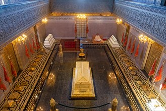 Interior of the Mausoleum of Mohammed V with tombs of his sons King Hassan II and Prince Abdallah in the city Rabat