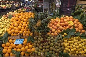 Large selection of fruit in the large market hall