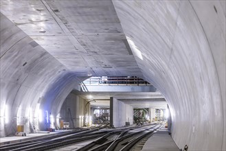 Construction site in the tunnel at the new through station in Stuttgart. A total of 56 kilometres of tunnels have been dug for Deutsche Bahn AG's Stuttgart 21 project and tunnelling has been completed...