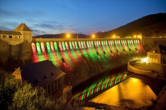 The Edersee dam wall illuminated by LED spotlights holds the German record as the longest permanently illuminated object