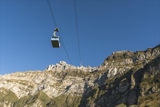 The gondola of the Saentis railway against the backdrop of the Saentis