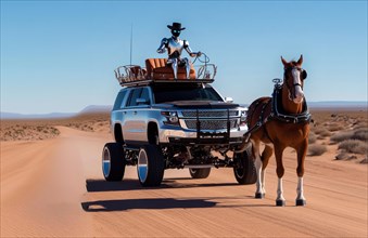 Luxury converted carriage from 4x4 truck suv traveling in desert road in the desert alone