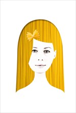 Head with hair made of spaghetti and a bow made of farfalle