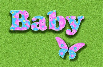 The word baby written with pink and light blue flowers