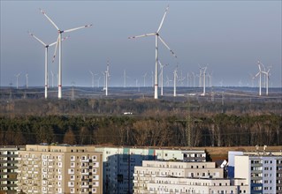 View of a wind turbine for power generation in Brandenburg
