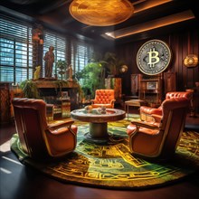 AI Generated image of a Lavish room with ornate details and Bitcoin logo