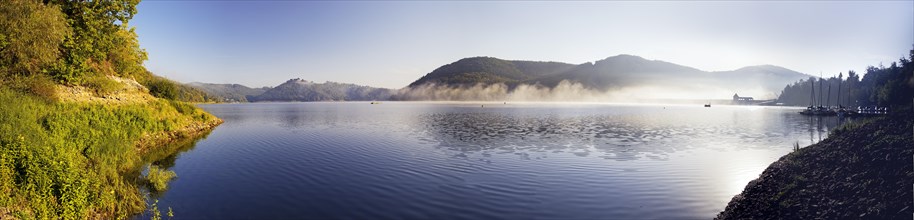 Panorama with fog on the Edersee in the early morning