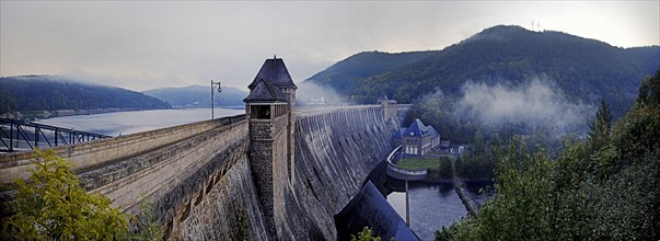 Panorama of the Edersee dam in the early morning