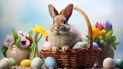 A rabbit sits in a basket surrounded by colorful Easter eggs and spring flowers AI generated