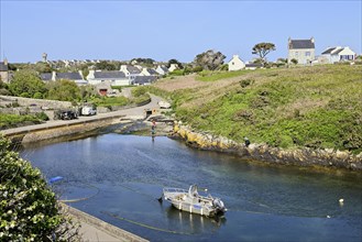Boat in the small inland harbour of Lampaul, Ouessant Island, Finistere, Brittany, France, Europe