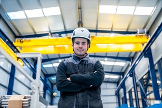 Portrait of a male manual worker with helmet standing proud in a factory