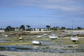Harbour of Plouneour-Brignogan-Plage, boats lying on dry land at low tide, Finistere department,