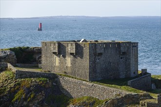 Kermorvan peninsula with fort, behind Ouessant island, Le Conquet, Finistere Pen ar Bed department,