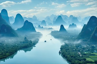 Surrealist aerial view of the Li River at Guilin, China, AI Generated, AI generated, Asia