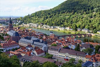 Heidelberg city center with the Old Bridge and the Holy Spirit Church, Baden Wurttemberg, Germany,