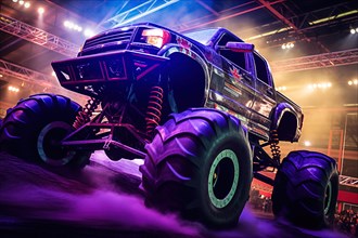 Monster truck illuminated by neon lights amidst a cloud of dust at an indoor arena. Excitement and