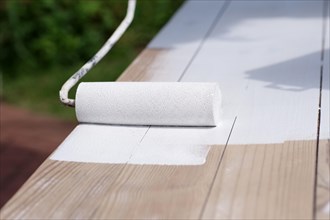 Paint roller, table, colour, paint, tool, renovate, white, A wooden table is painted with white