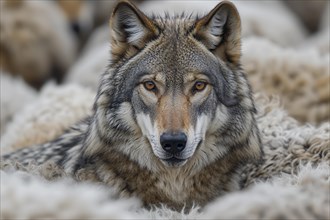 A gray wolf (Canis lupus) looks directly into the camera, camouflaged in the blurred background