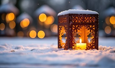 Christmas lantern with snow and bokeh background. Festive decoration AI generated