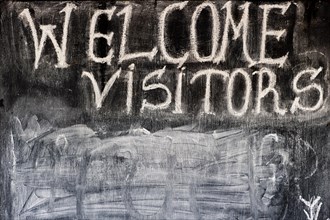 Sign, welcome, English, visitor, reception, greeting, chalk, board