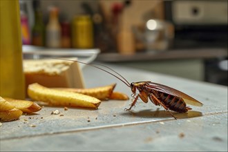 A cockroach (Blattodea) stands next to fries on a messy kitchen counter, indicating dirt and a