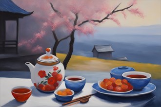 Painting capturing sweets and two cups of tea on a table on a terrace face beautiful landscape,