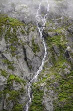 Mountain stream flowing down a steep rocky slope, waterfall, Berliner Hoehenweg, Zillertal, Tyrol,